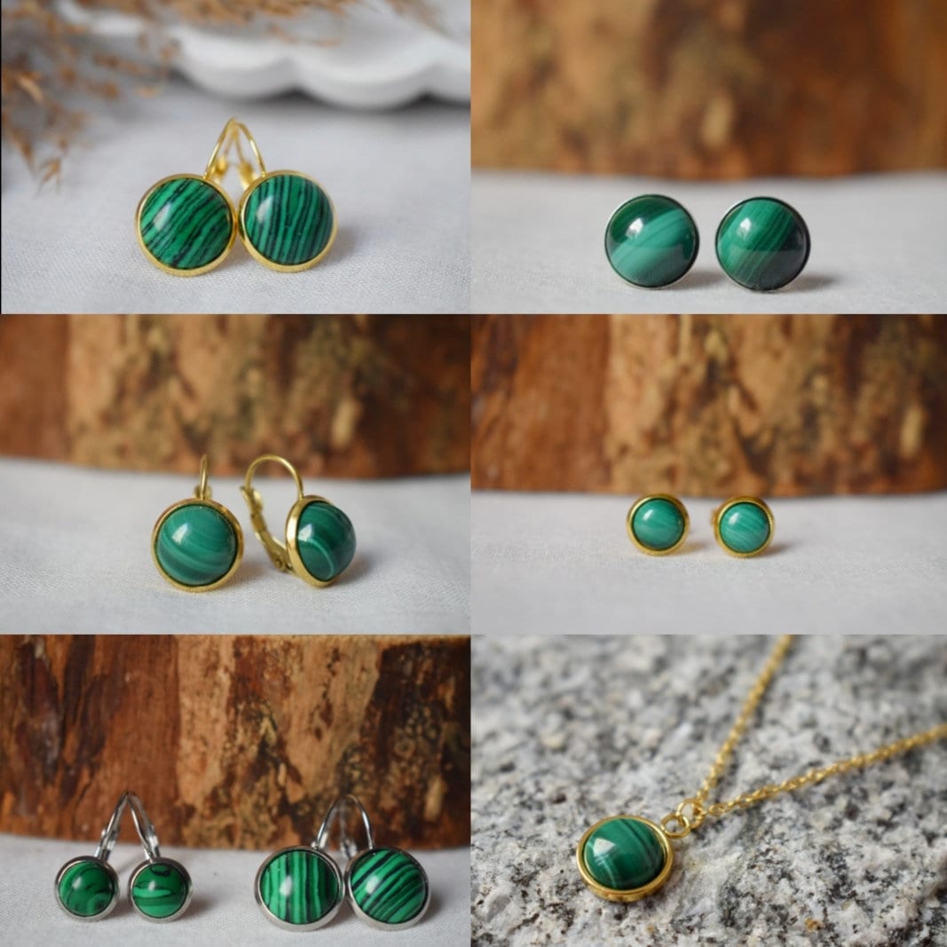 Malachit-Ohrringe, 12 mm runde Edelstein-Ohrringe aus Edelstahl mit Hebelverschluss, leichter Schmuck, bestes handgemachtes Geschenk für Sie