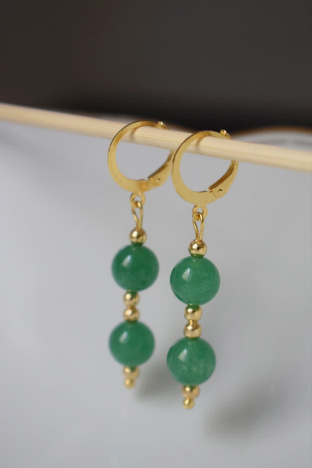 Green aventurine earrings, Green huggies, Gemstone gold dangle earrings, Green beads earrings, Hanging stone earrings, Aventurine jewelry