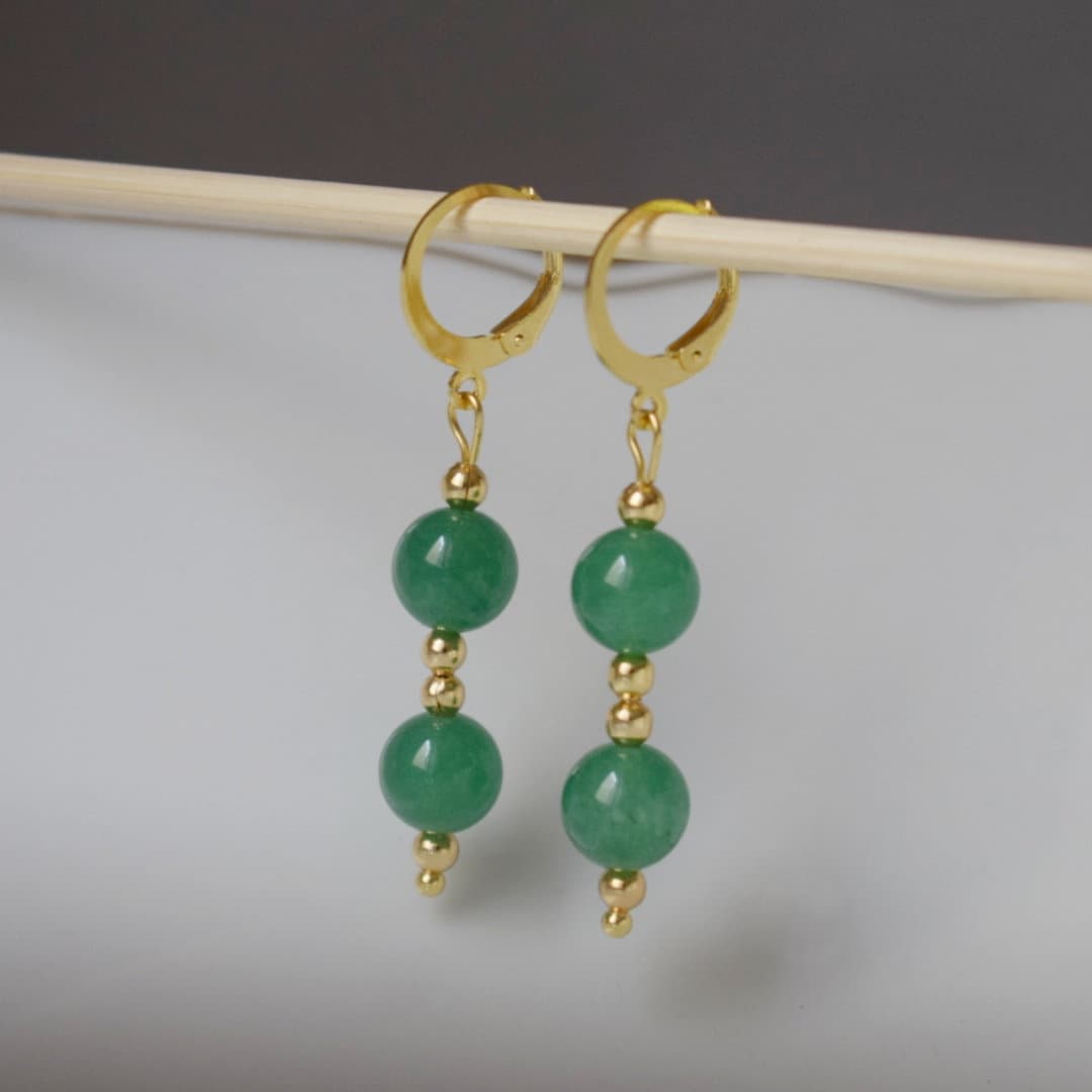 Green aventurine earrings, Green huggies, Gemstone gold dangle earrings, Green beads earrings, Hanging stone earrings, Aventurine jewelry