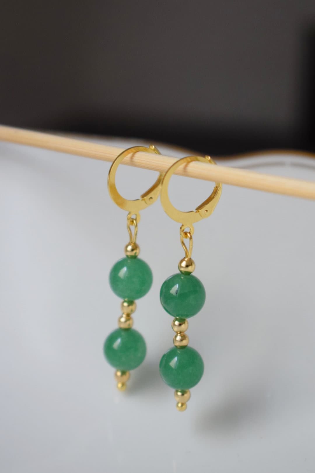 Green aventurine earrings, Green huggies, Gemstone gold dangle earrings, Green beads earrings, Hanging stone earrings, Aventurine jewelry