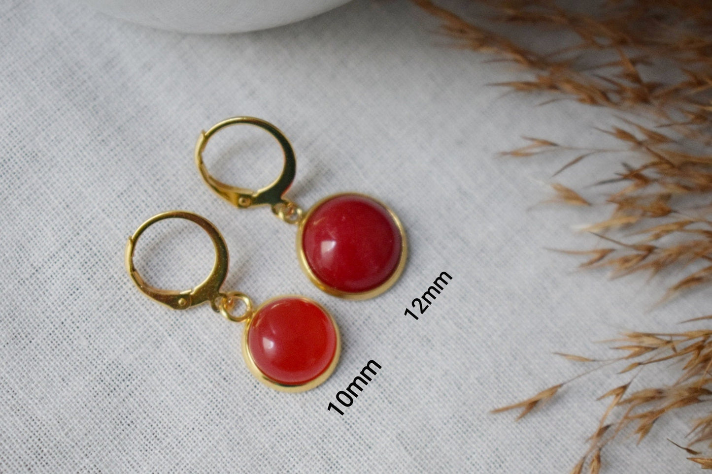 Red jade earrings, Small gemstone pendant huggie earrings, Lever back, 10mm, Red stone hoop earrings, Red, Jade jewelry, Gift for women