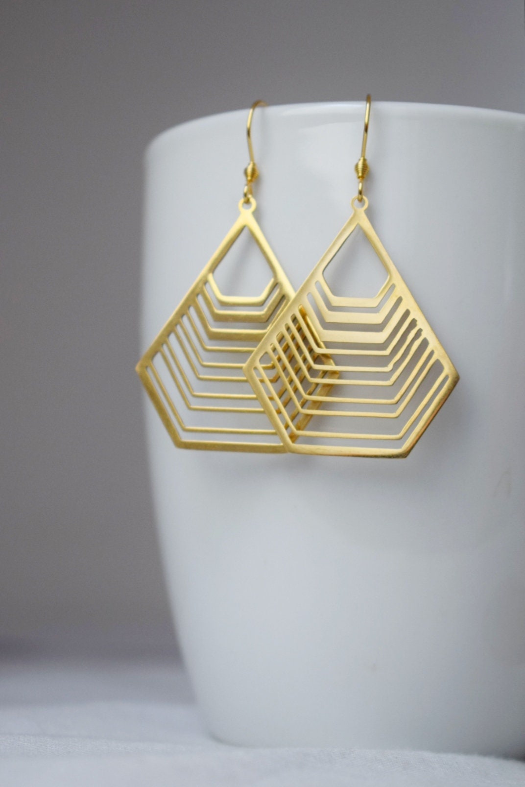 Long polygon earrings with gold filigree pendant, Stainless steel earrings, Geometric hanging earrings, Small christmas jewelry gift for her