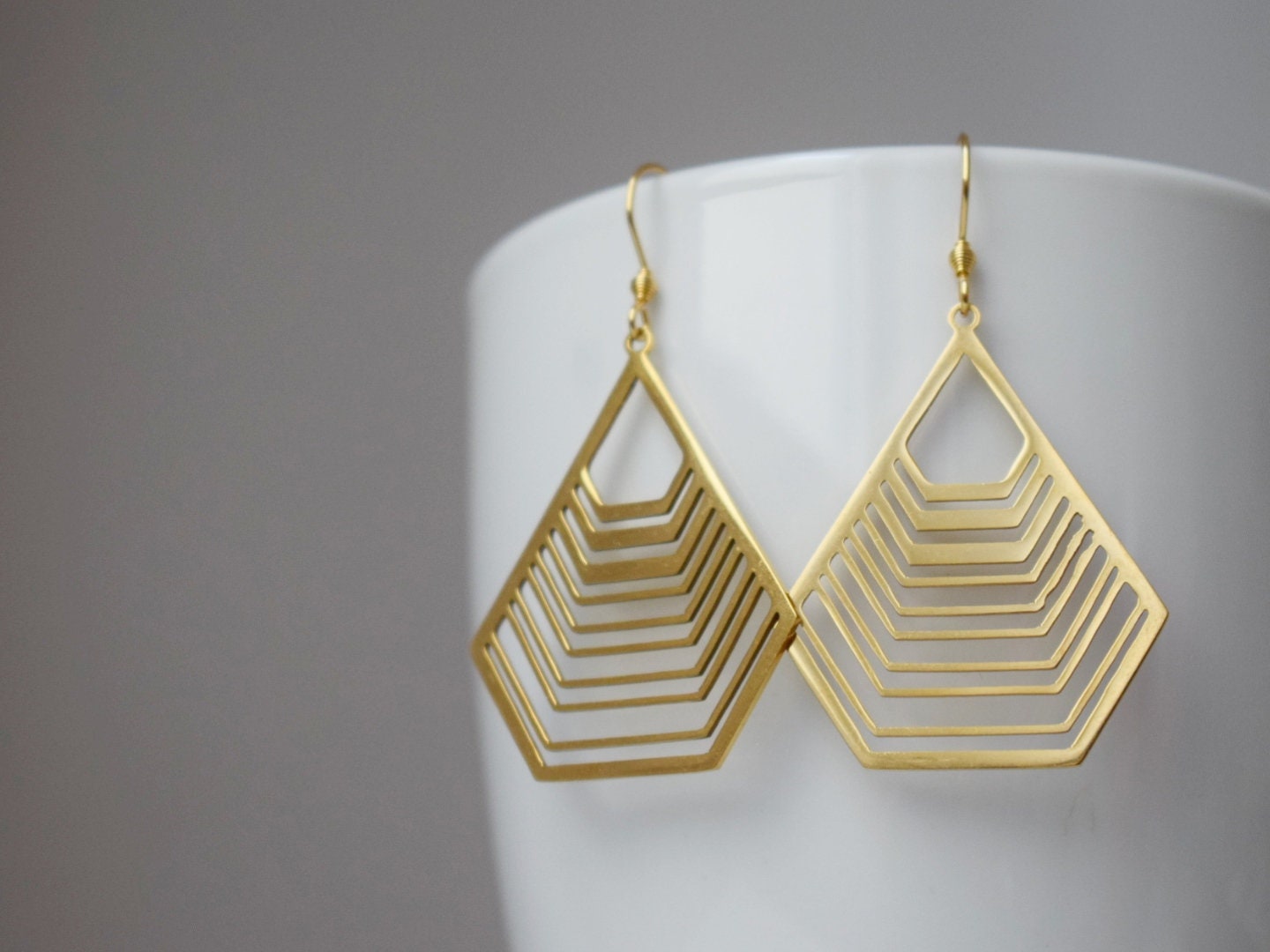 Long polygon earrings with gold filigree pendant, Stainless steel earrings, Geometric hanging earrings, Small christmas jewelry gift for her