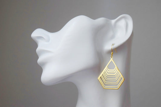 Long polygon earrings with gold filigree pendant, Stainless steel earrings, Geometric hanging earrings, Small christmas jewelry gift for her
