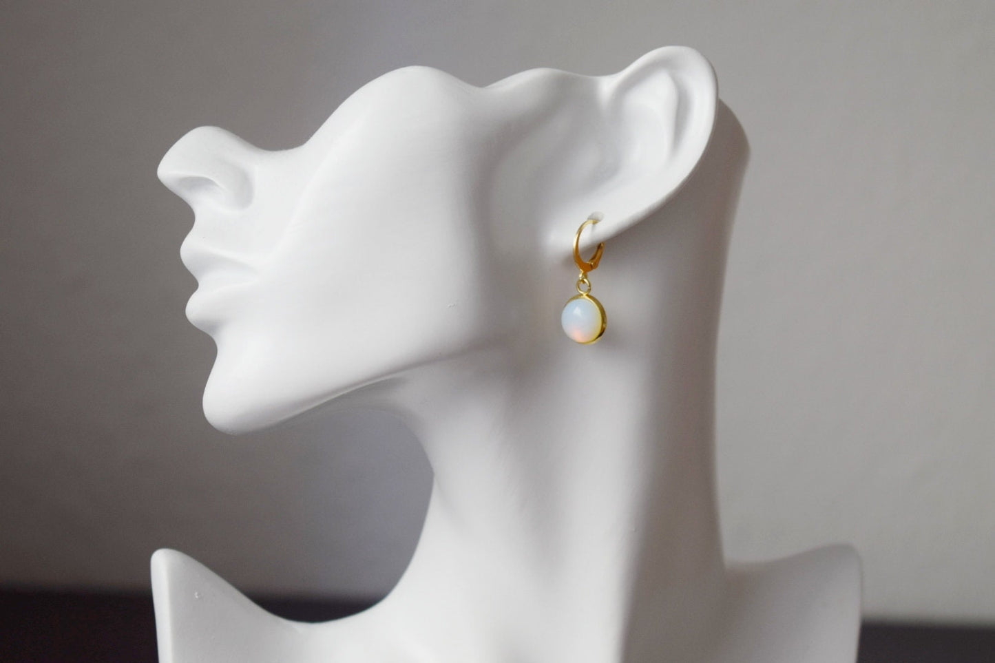 Opalite moonstone earrings, Huggie gold gemstone earrings, Small rainbow gold lever back earrings, Bridesmaid, Opalite jewelry, Gift for her