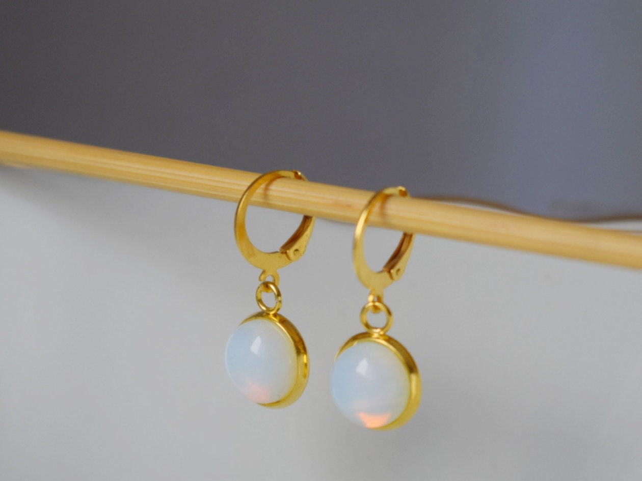 Opalite moonstone earrings, Huggie gold gemstone earrings, Small rainbow gold lever back earrings, Bridesmaid, Opalite jewelry, Gift for her