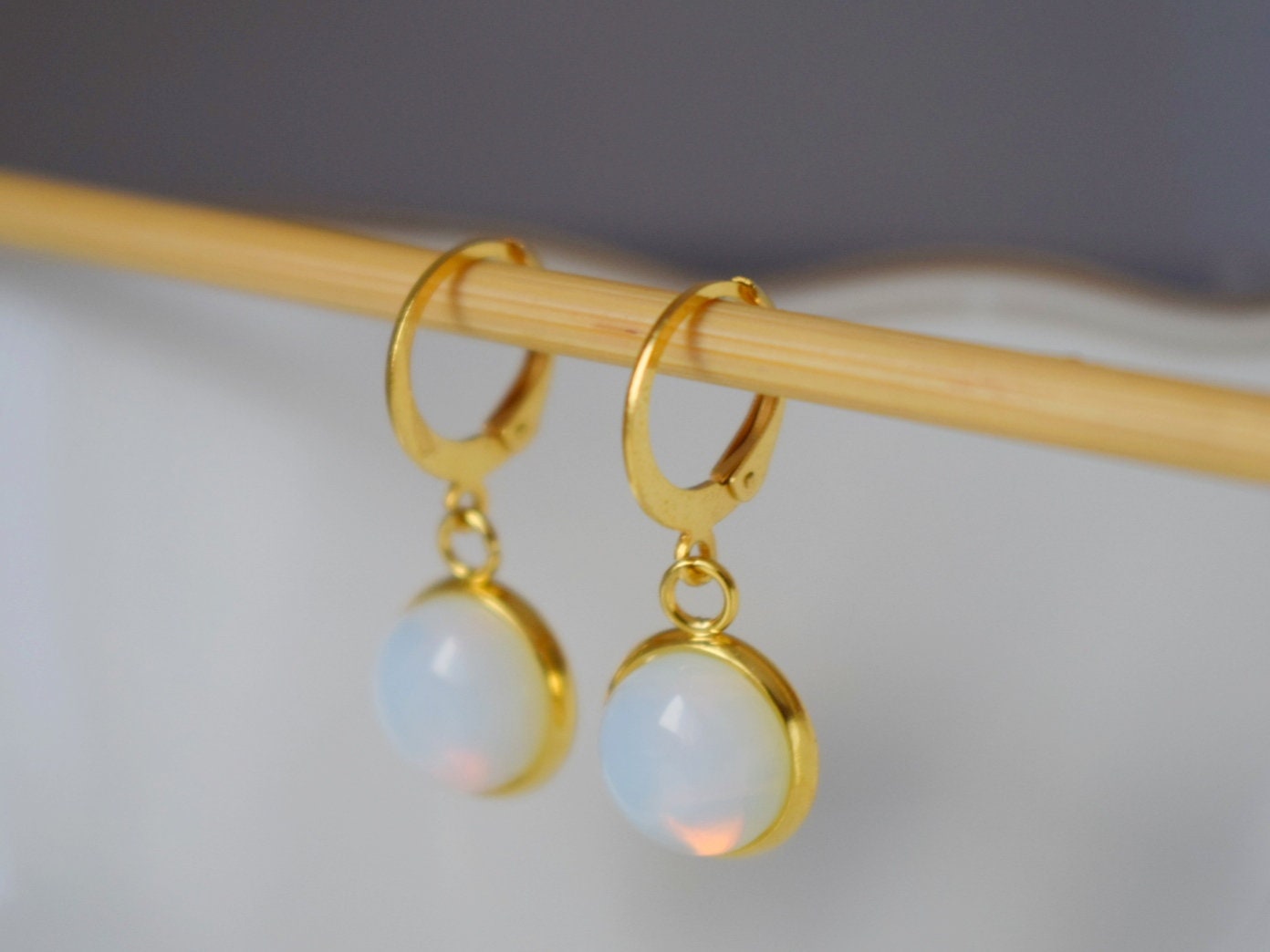 Opalite moonstone earrings, Huggie gold gemstone earrings, Small rainbow gold lever back earrings, Bridesmaid, Opalite jewelry, Gift for her