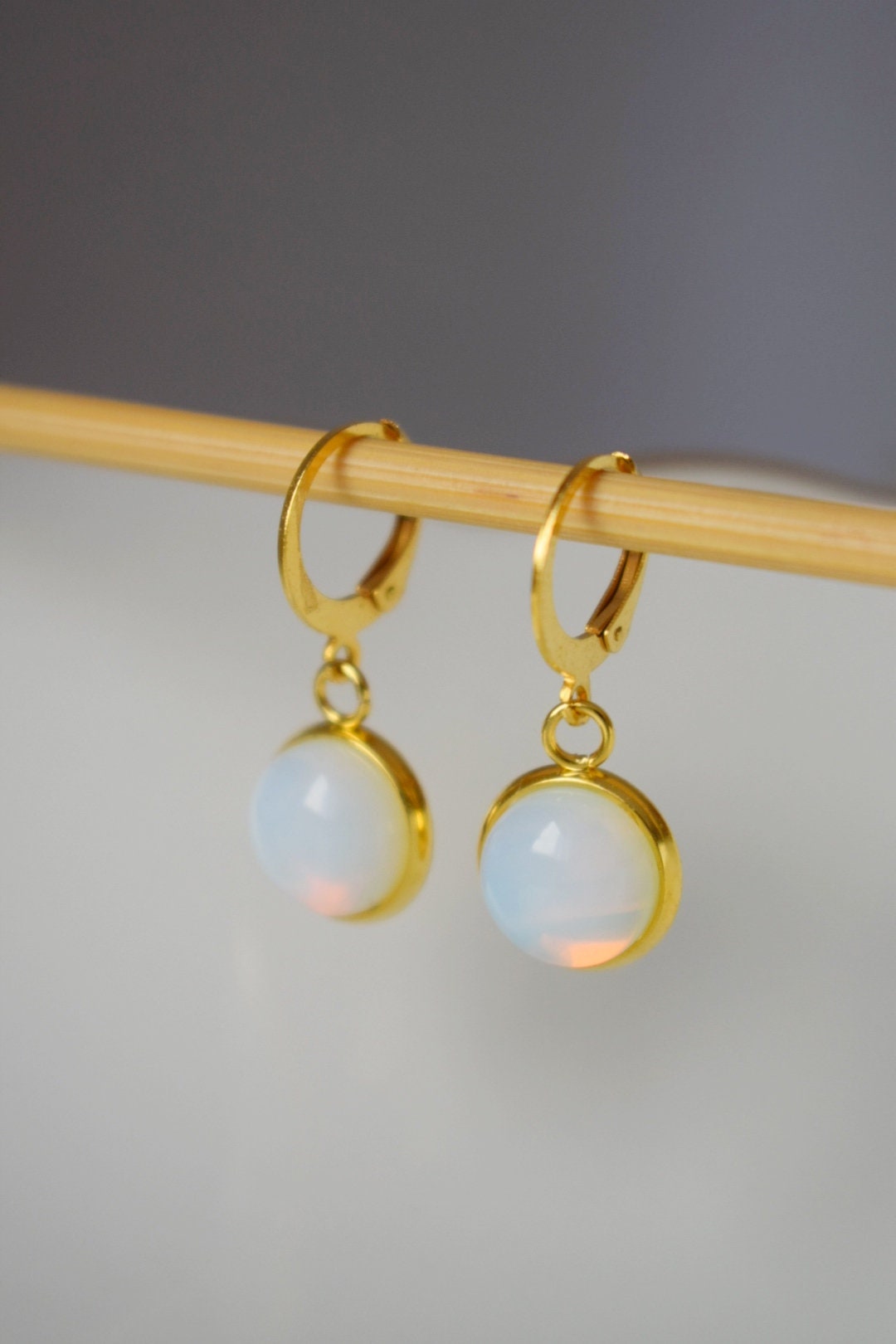 Opalite moonstone earrings, Huggie gold gemstone earrings, Small rainbow gold lever back earrings, Bridesmaid, Opalite jewelry, Gift for her
