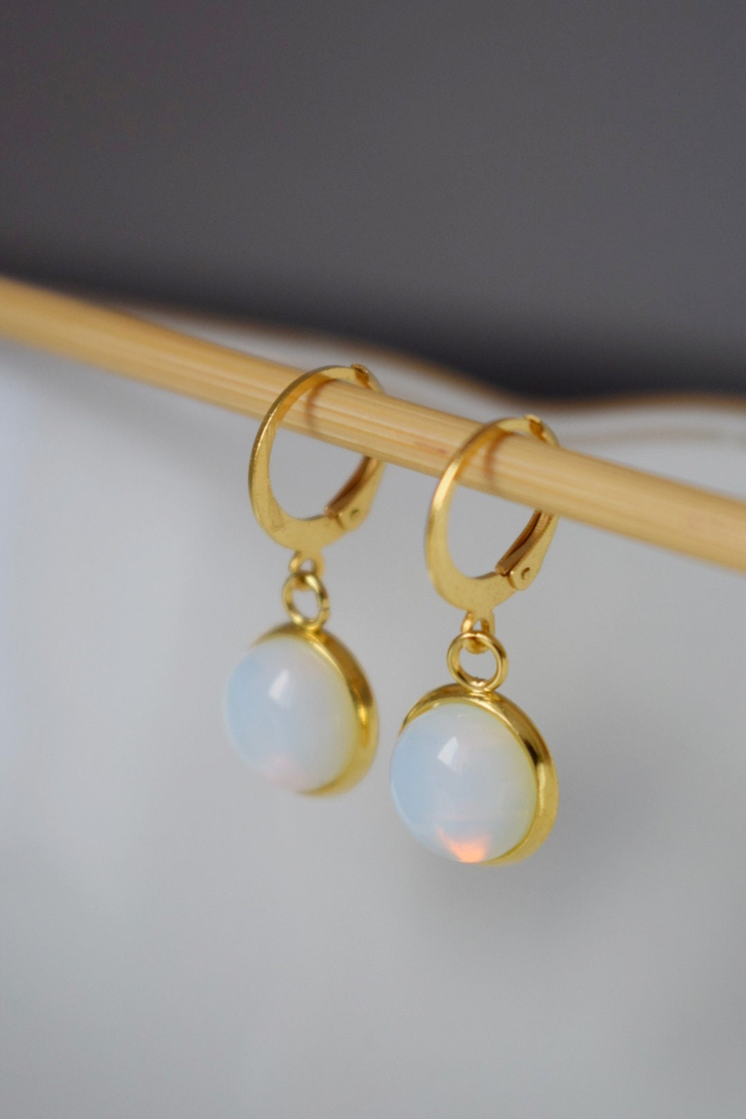 Opalite moonstone earrings, Huggie gold gemstone earrings, Small rainbow gold lever back earrings, Bridesmaid, Opalite jewelry, Gift for her