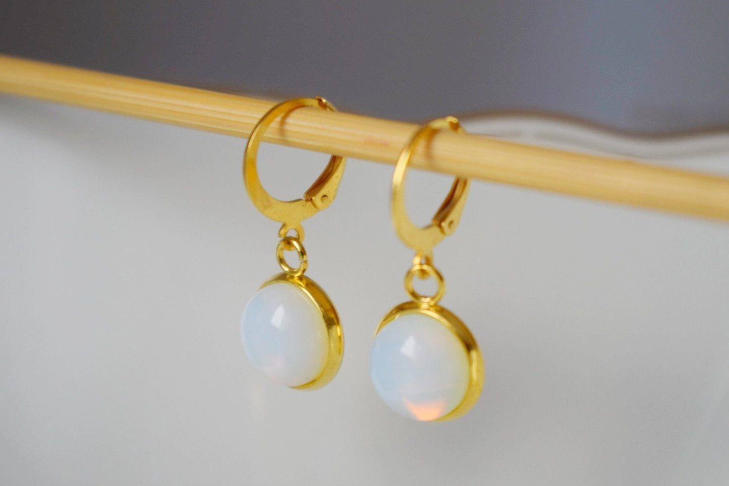 Opalite moonstone earrings, Huggie gold gemstone earrings, Small rainbow gold lever back earrings, Bridesmaid, Opalite jewelry, Gift for her