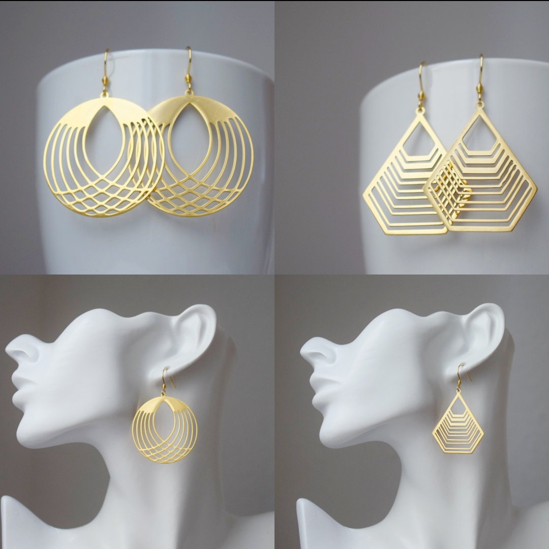 Long polygon earrings with gold filigree pendant, Stainless steel earrings, Geometric hanging earrings, Small christmas jewelry gift for her