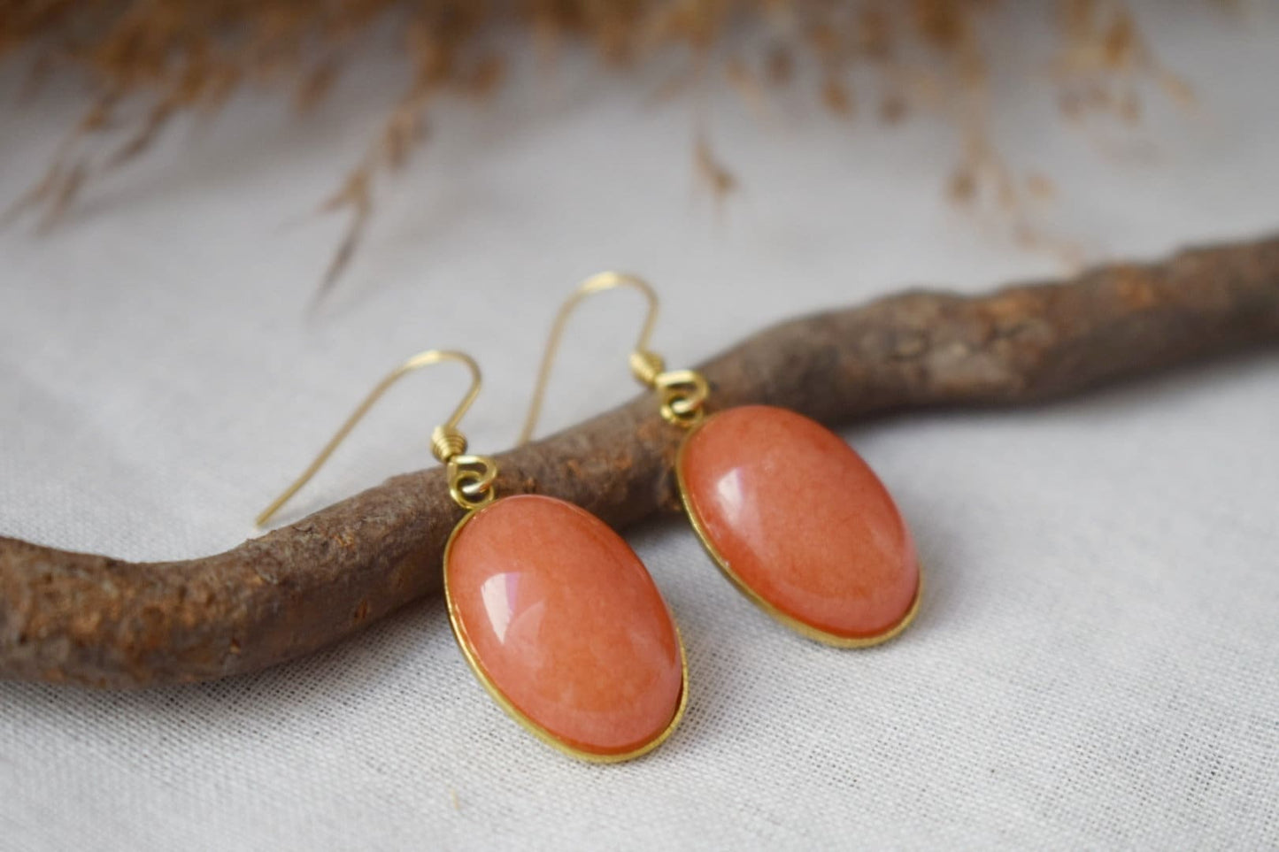 Orange Jade Earrings Gold, Oval Gemstone Hanging Earrings, Orange Pendant, Dangle Drop Stone Earrings For Women, Jade Jewelry, Gift For Her