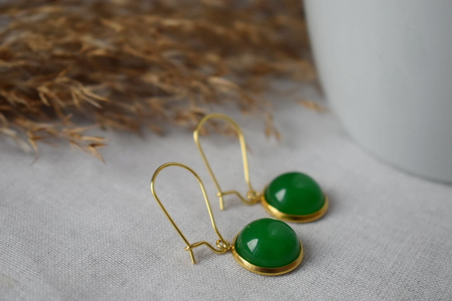 Gold hoop green jade earrings, Green gemstone pendant huggie earrings, Lever back, Green stone hoop earrings, Jade jewelry, Gift women