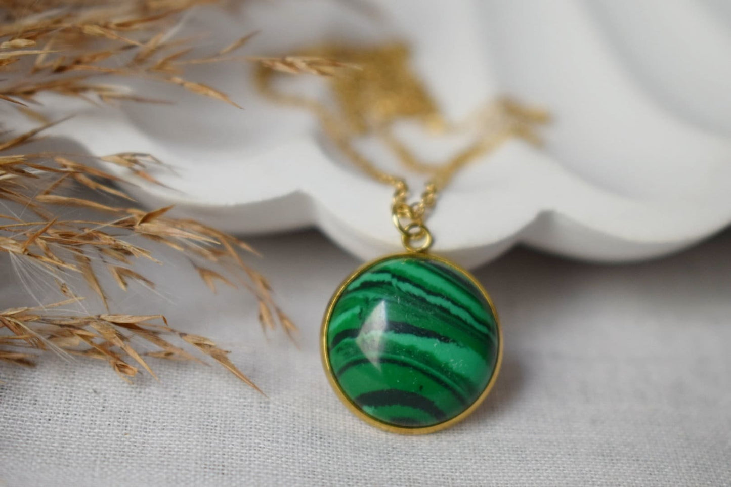 Malachite necklace gold, Green Gemstone round pendant necklace for women, Boho Handmade jewelry, Gift for her