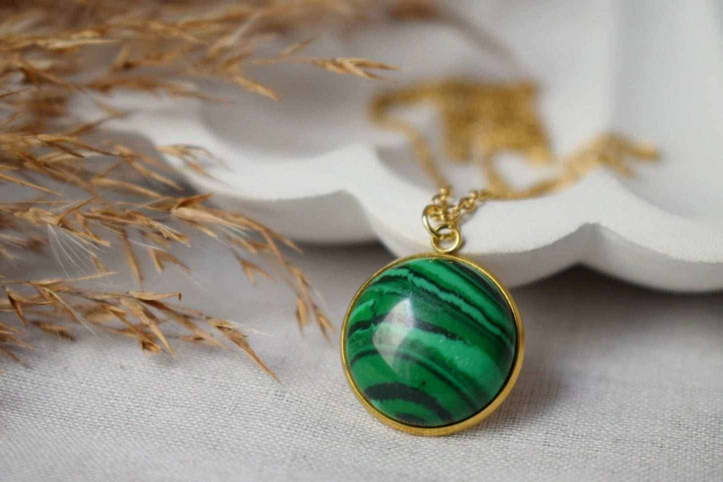 Malachite necklace gold, Green Gemstone round pendant necklace for women, Boho Handmade jewelry, Gift for her