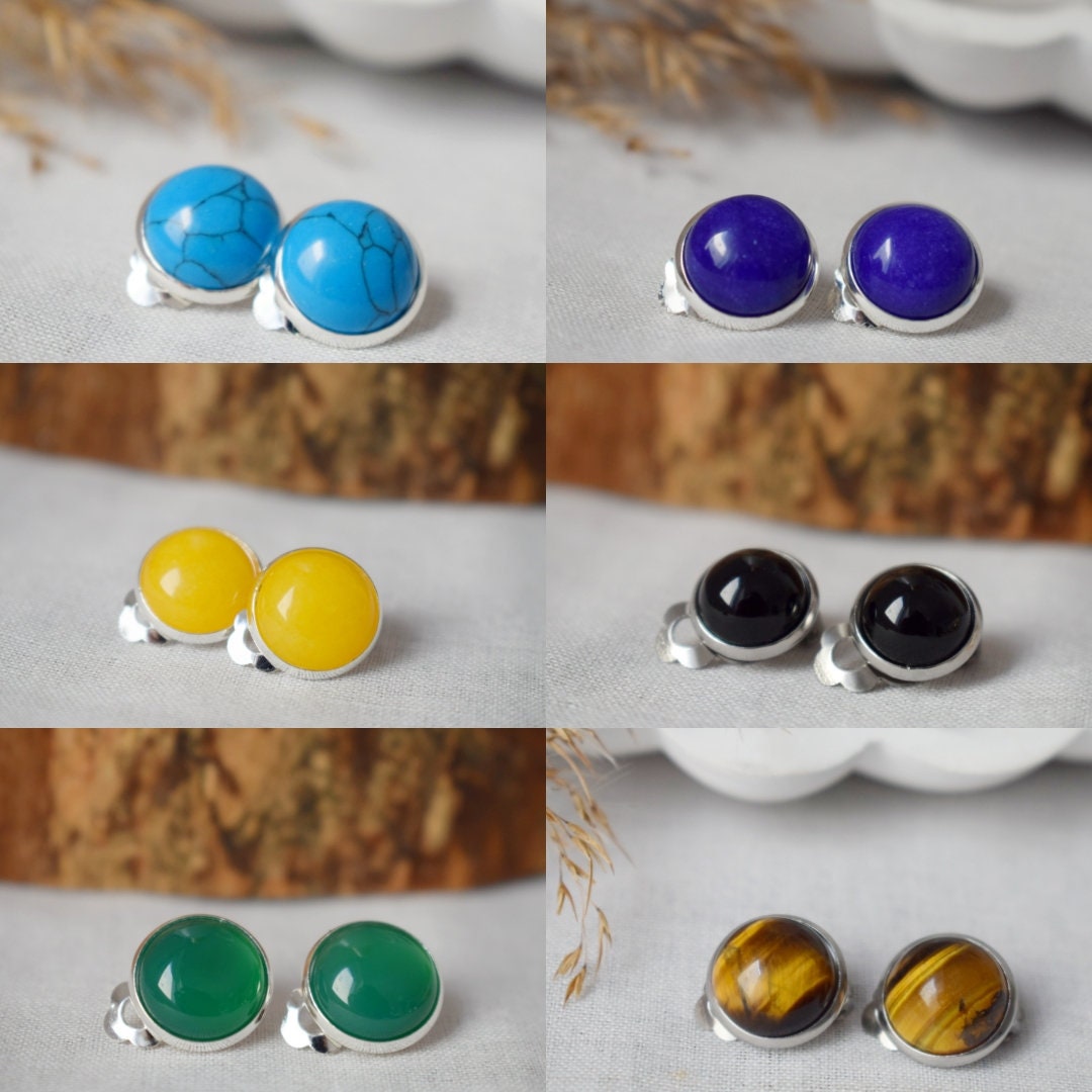 Small tiger eye clip on earrings, Gemstone ear clips, Natural Stone No hole earrings, Non pierced earrings, Tiger's eye jewelry women