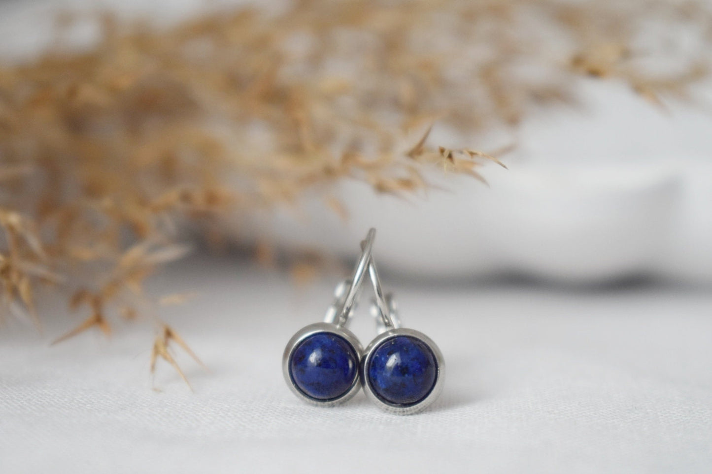 Small Lapis Lazuli Earrings Dangle, Blue Lapis Gemstone Earrings, 8mm Round Stone Lever Back Earrings, September Birthstone Jewelry Gift