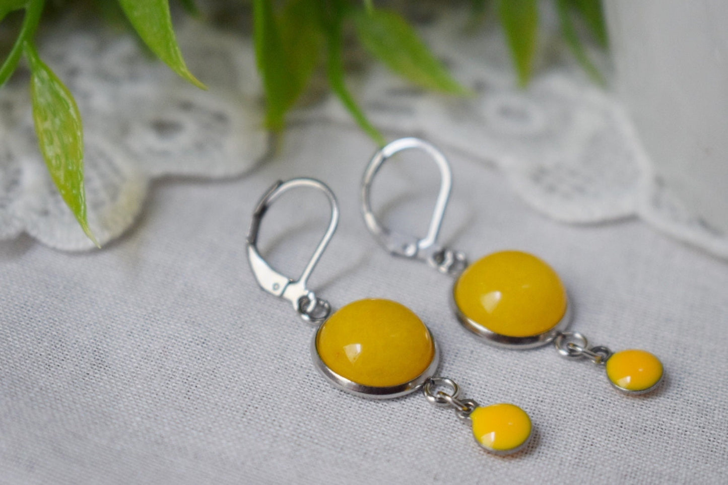Yellow jade earrings, Yellow silver color huggies, Gemstone drop and dangle earrings, Boho, Yellow enamel pendant, Jewelry gift for women