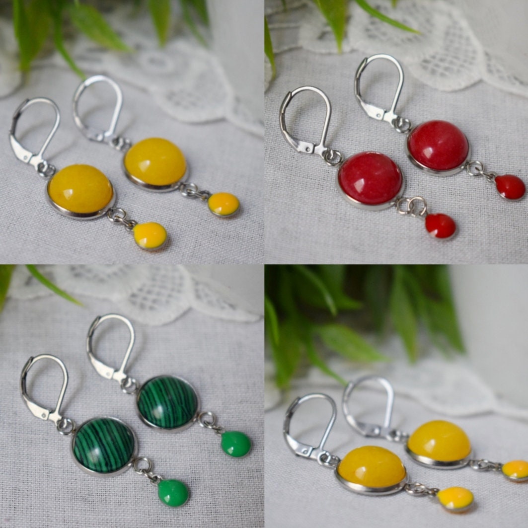 Red jade earrings, Red silver huggies, Gemstone drop and dangle earrings, Boho, Red enamel pendant earrings, Red, Jewelry gift for women