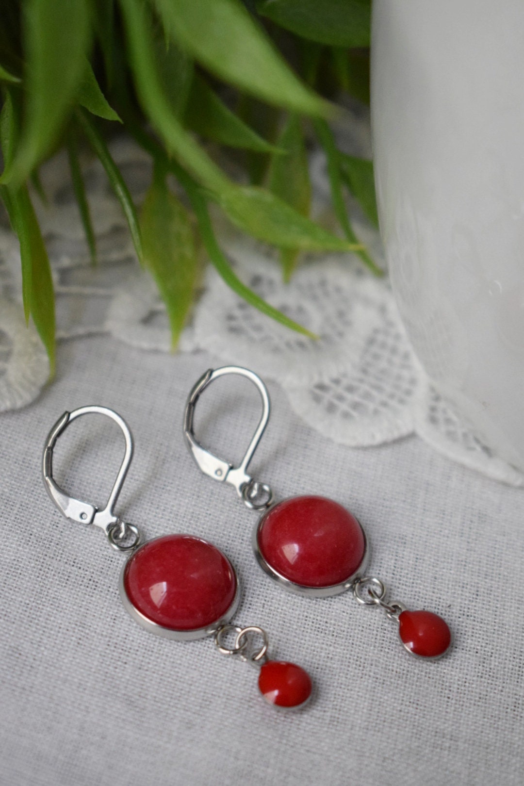 Red jade earrings, Red silver huggies, Gemstone drop and dangle earrings, Boho, Red enamel pendant earrings, Red, Jewelry gift for women