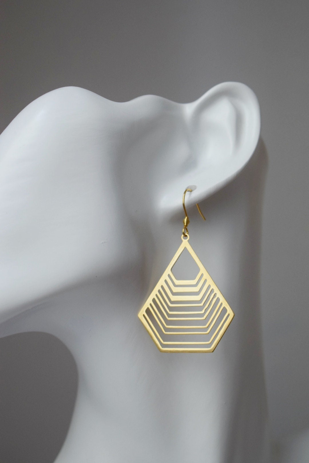 Long polygon earrings with gold filigree pendant, Stainless steel earrings, Geometric hanging earrings, Small christmas jewelry gift for her