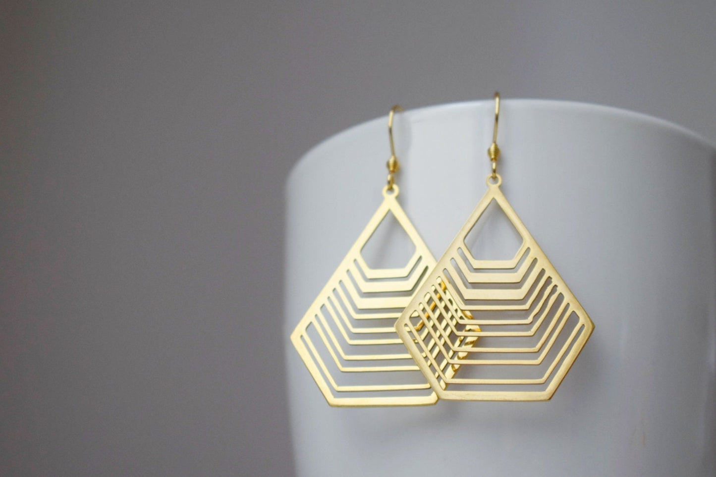 Long polygon earrings with gold filigree pendant, Stainless steel earrings, Geometric hanging earrings, Small christmas jewelry gift for her