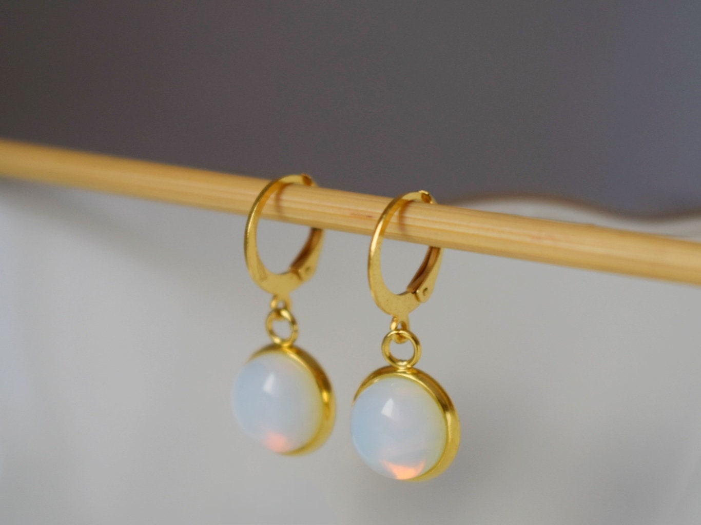 Opalite moonstone earrings, Huggie gold gemstone earrings, Small rainbow gold lever back earrings, Bridesmaid, Opalite jewelry, Gift for her