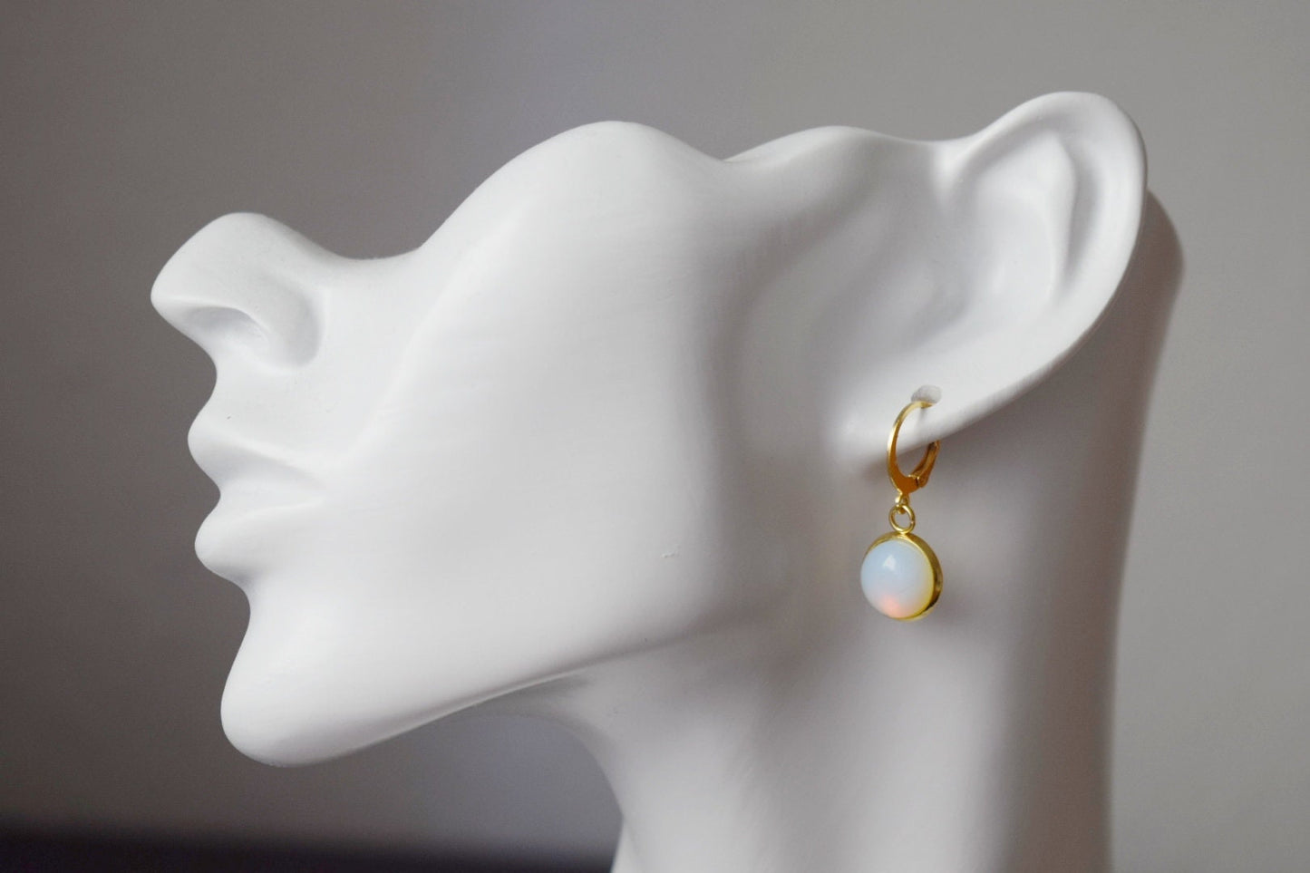 Opalite moonstone earrings, Huggie gold gemstone earrings, Small rainbow gold lever back earrings, Bridesmaid, Opalite jewelry, Gift for her