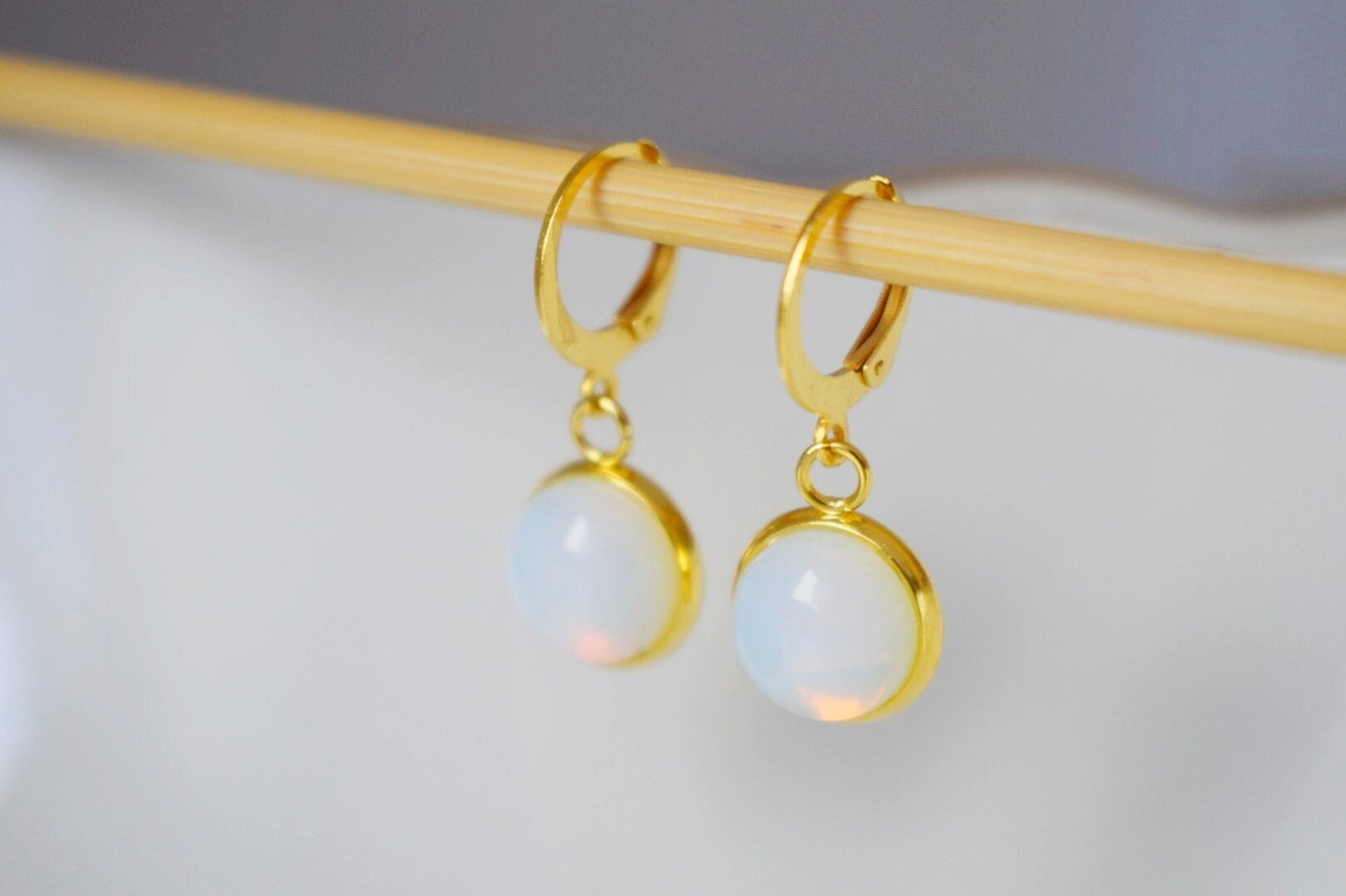 Opalite moonstone earrings, Huggie gold gemstone earrings, Small rainbow gold lever back earrings, Bridesmaid, Opalite jewelry, Gift for her