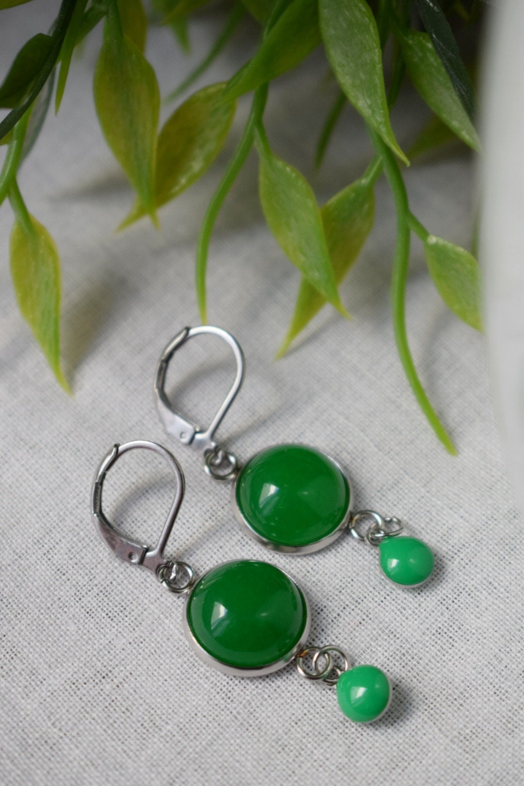 Green jade earrings, Gemstone huggies, Enamel pendant earrings, Boho dangle drop earrings, Jewelry Gift for her