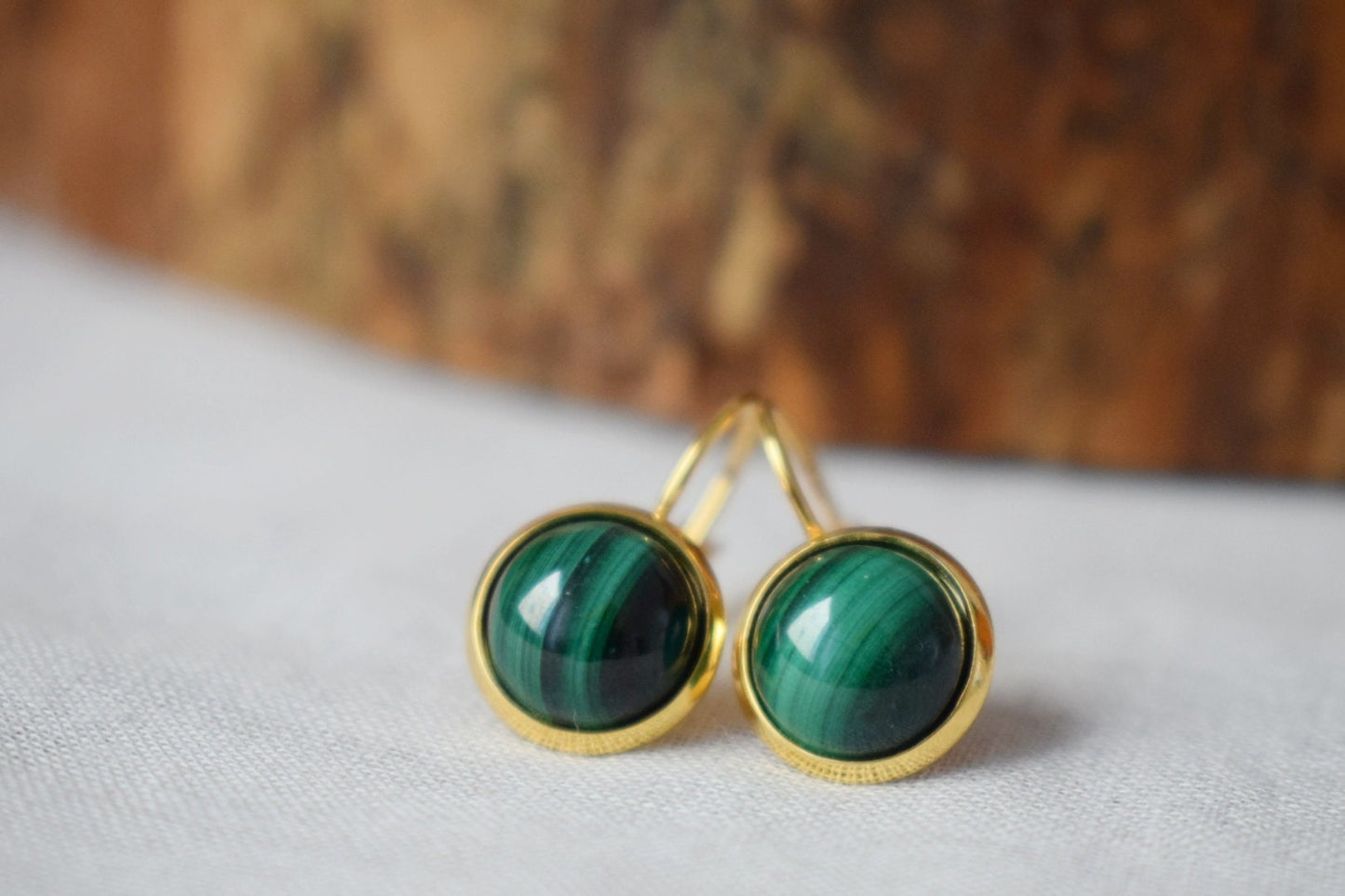 Natural Malachite Earrings Gold, 10mm Dangle Earrings, Small, Minimalist, Green Gemstone, Lever back, Malachite Jewelry, Birthstone Earrings