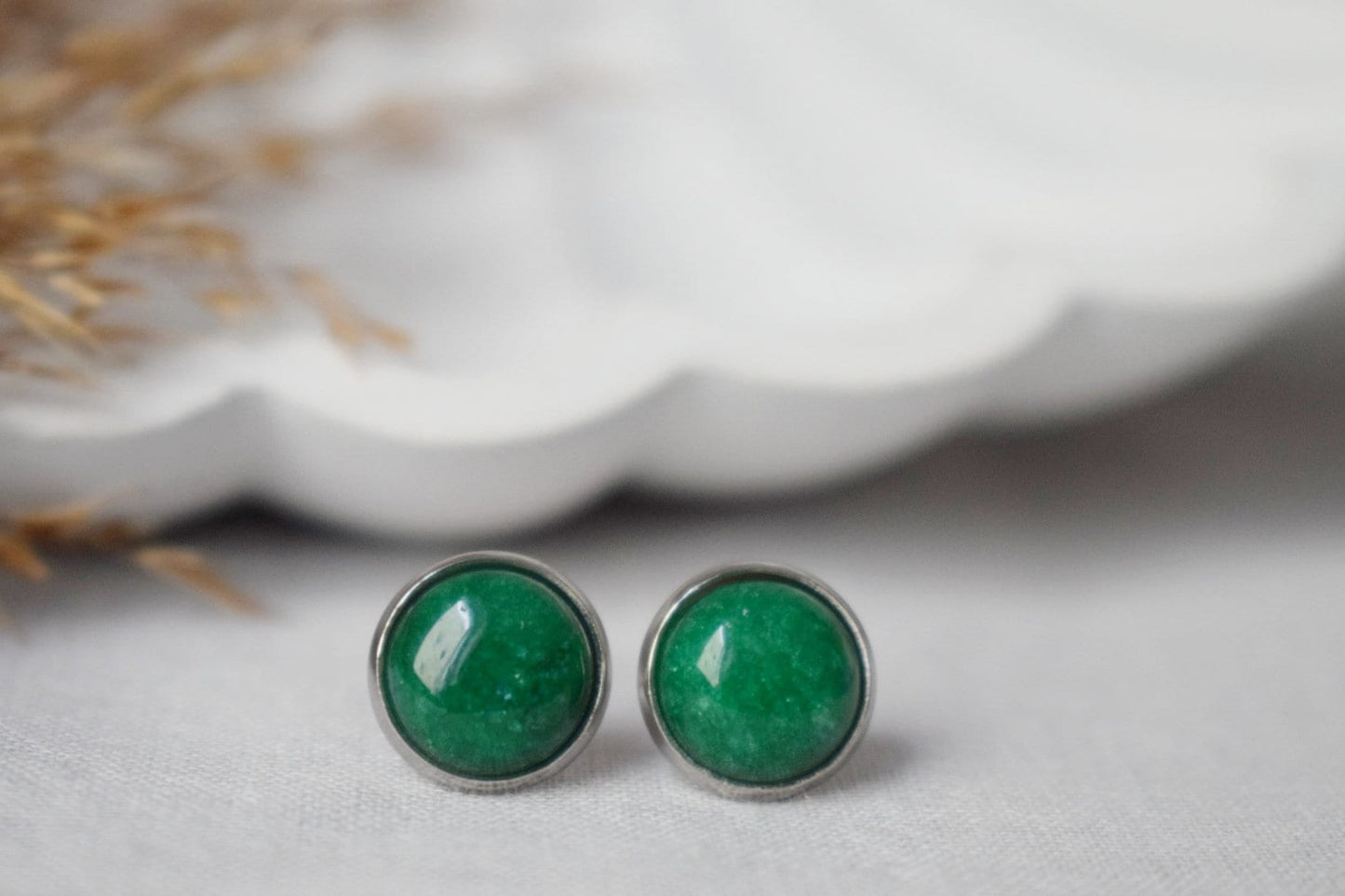 Green Jade Stud Earrings Silver, Minimalist, 10mm, Positive Jewelry, Gemstone, Stud Earrings, Round, Birthday Anniversary Gift For Her