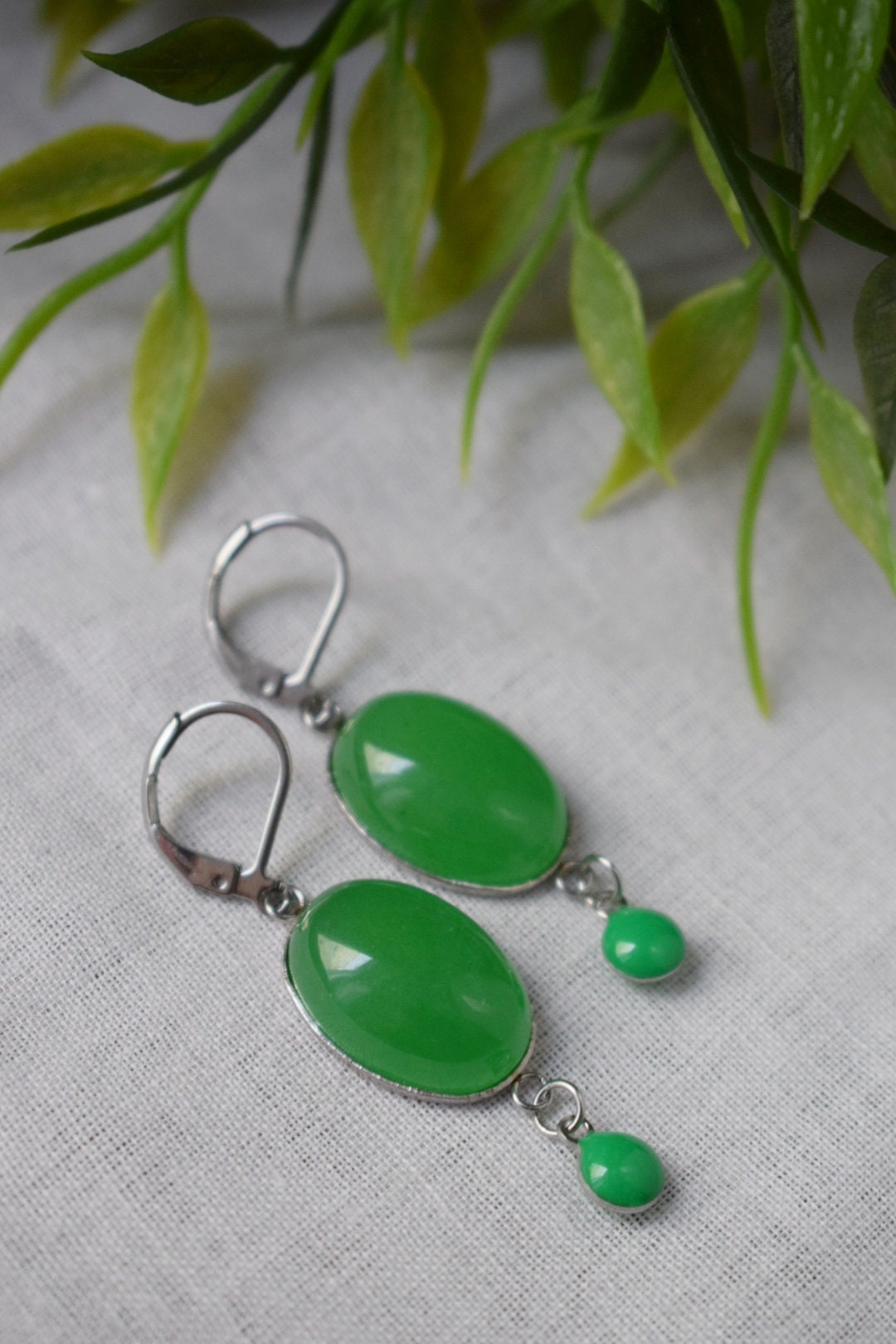 Green jade dangle earrings, Oval gemstone huggie hoops, Enamel pendant hanging earrings, Handmade boho jewelry, Best christmas gift for her