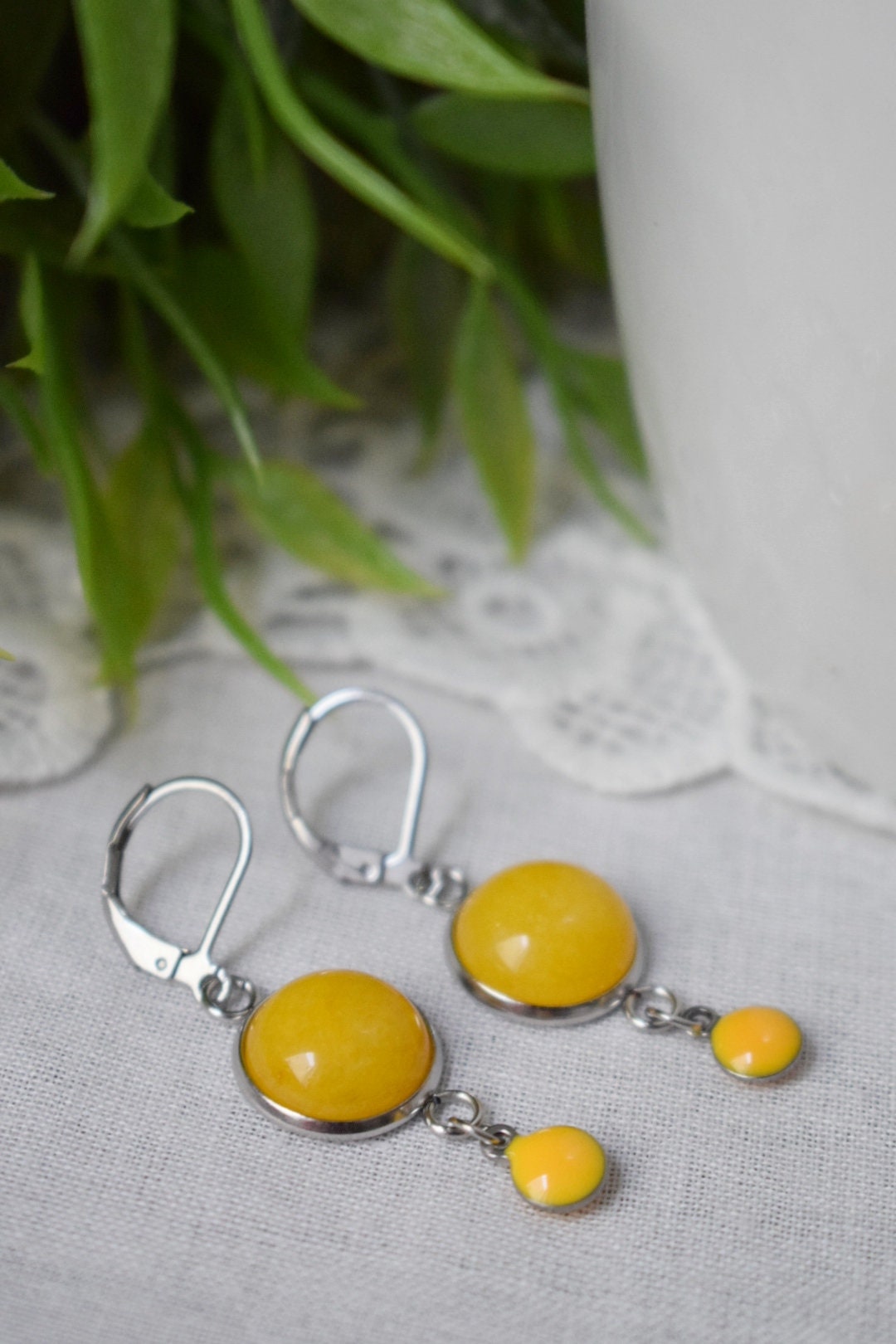 Yellow jade earrings, Yellow silver color huggies, Gemstone drop and dangle earrings, Boho, Yellow enamel pendant, Jewelry gift for women