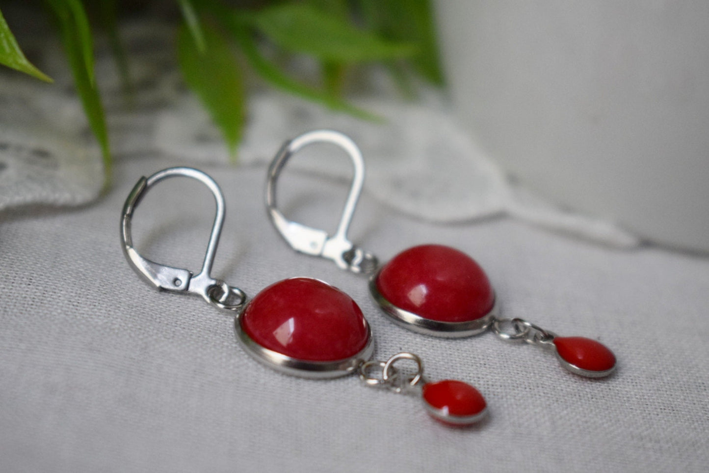 Red jade earrings, Red silver huggies, Gemstone drop and dangle earrings, Boho, Red enamel pendant earrings, Red, Jewelry gift for women