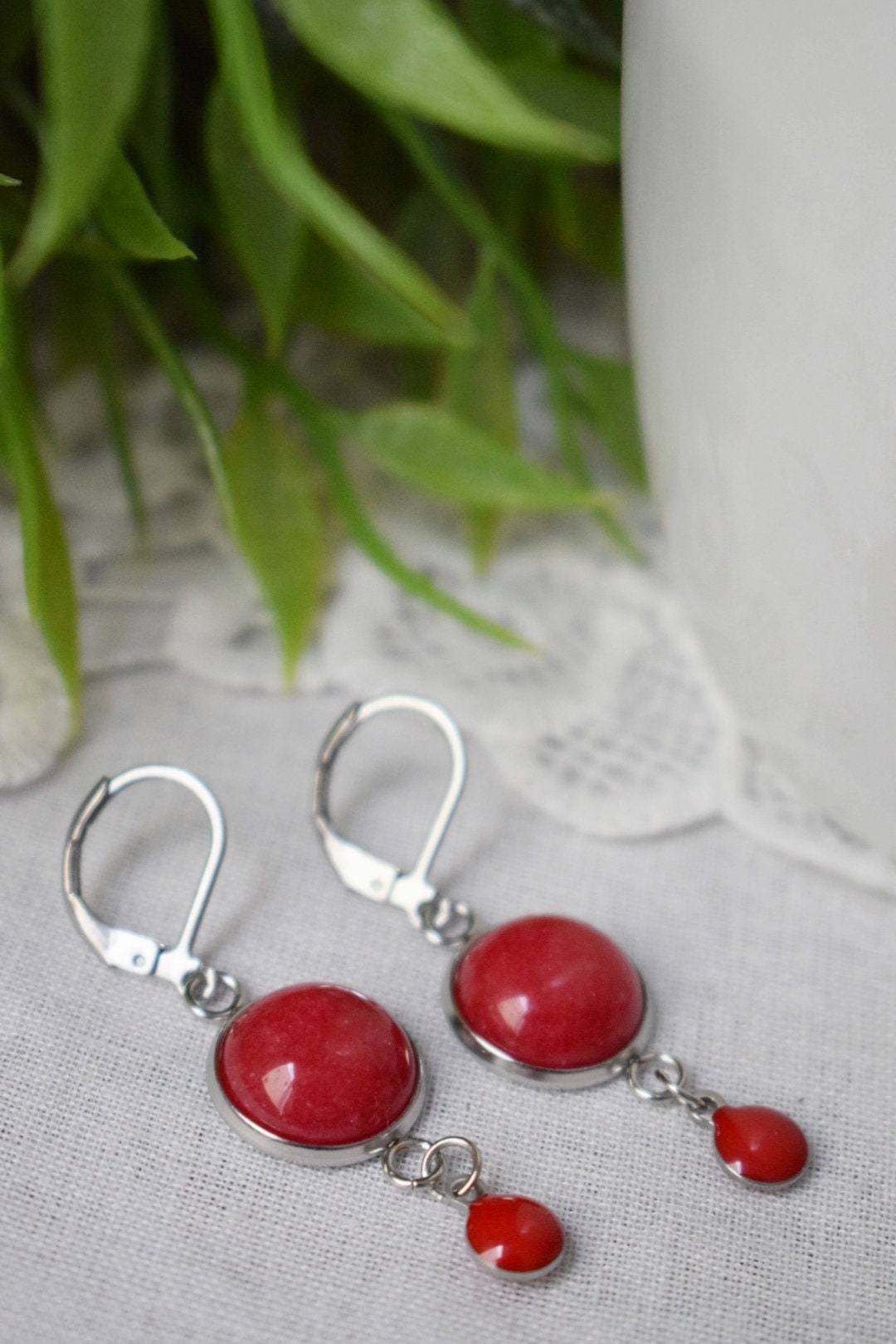 Red jade earrings, Red silver huggies, Gemstone drop and dangle earrings, Boho, Red enamel pendant earrings, Red, Jewelry gift for women