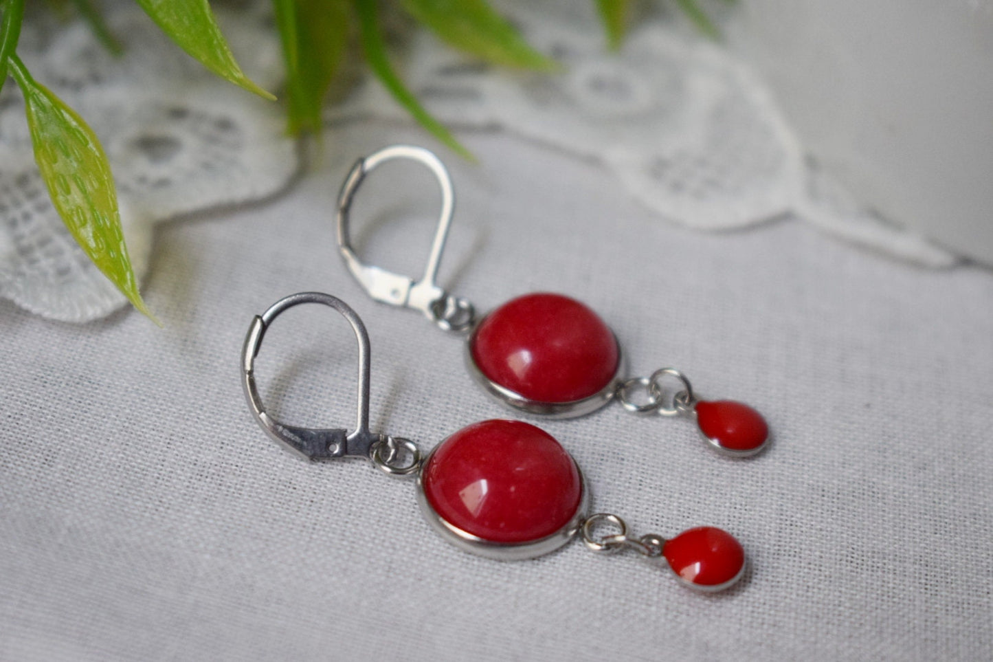 Red jade earrings, Red silver huggies, Gemstone drop and dangle earrings, Boho, Red enamel pendant earrings, Red, Jewelry gift for women