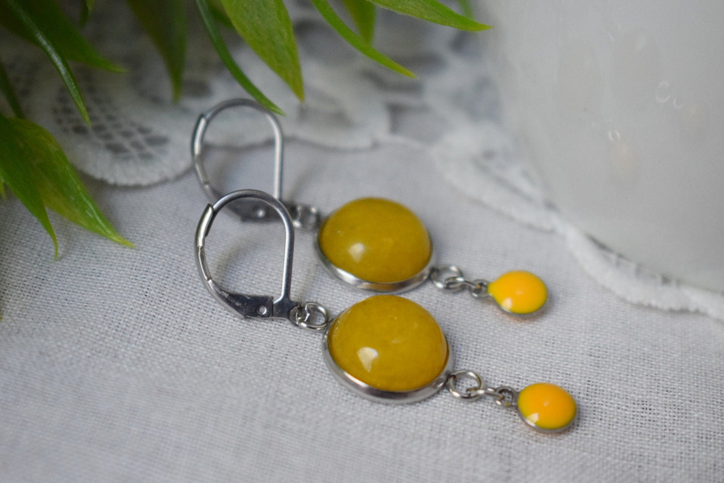Yellow jade earrings, Yellow silver color huggies, Gemstone drop and dangle earrings, Boho, Yellow enamel pendant, Jewelry gift for women
