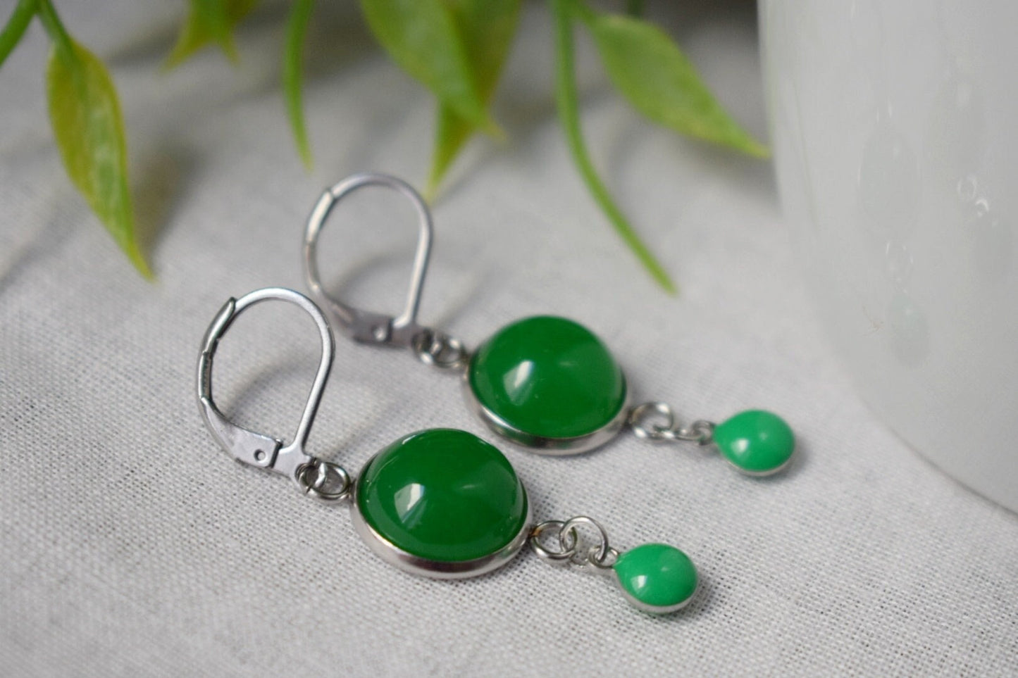 Green jade earrings, Gemstone huggies, Enamel pendant earrings, Boho dangle drop earrings, Jewelry Gift for her