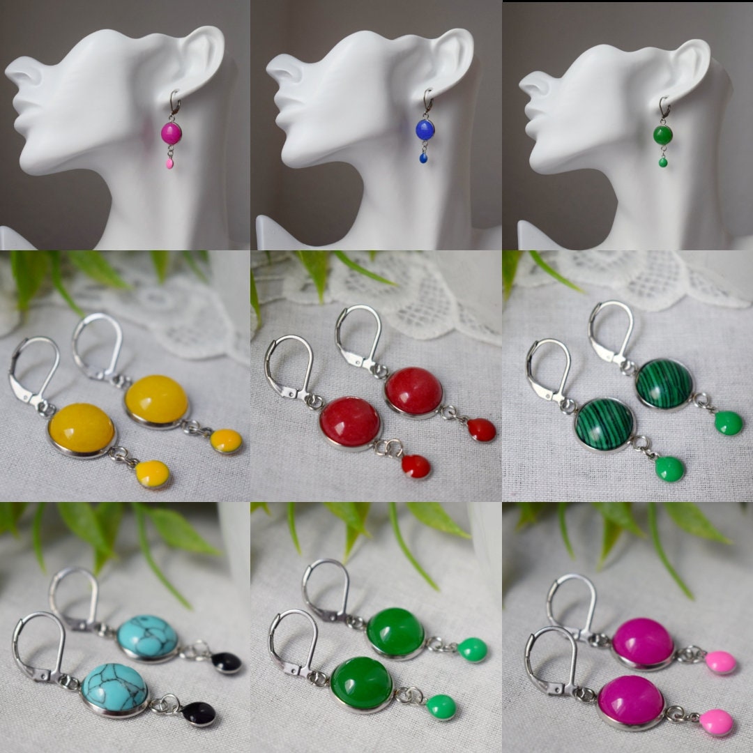 Green jade earrings, Gemstone huggies, Enamel pendant earrings, Boho dangle drop earrings, Jewelry Gift for her