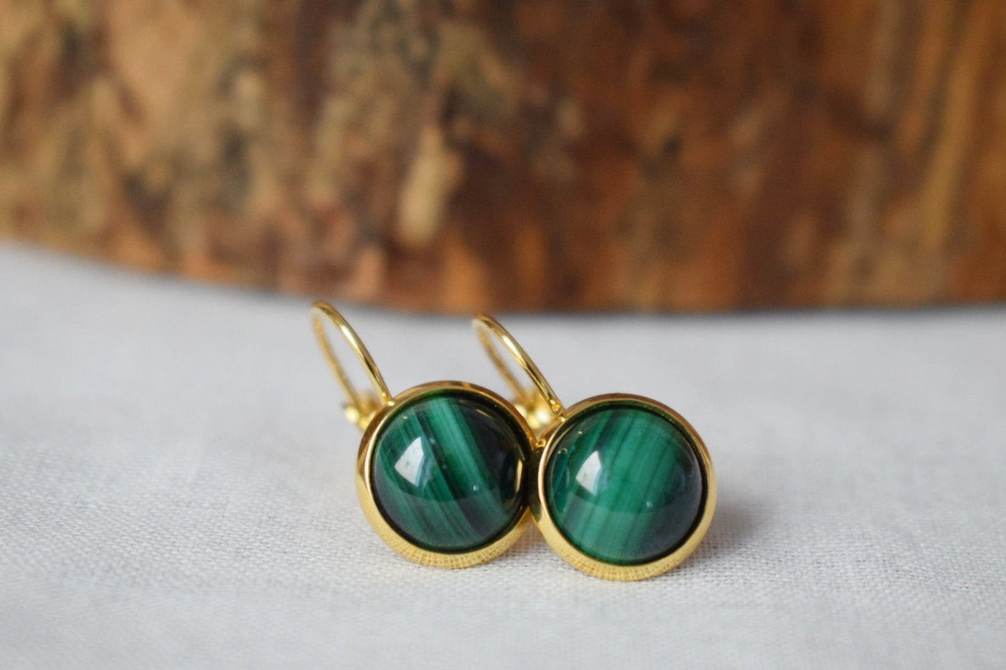 Natural Malachite Earrings Gold, 10mm Dangle Earrings, Small, Minimalist, Green Gemstone, Lever back, Malachite Jewelry, Birthstone Earrings