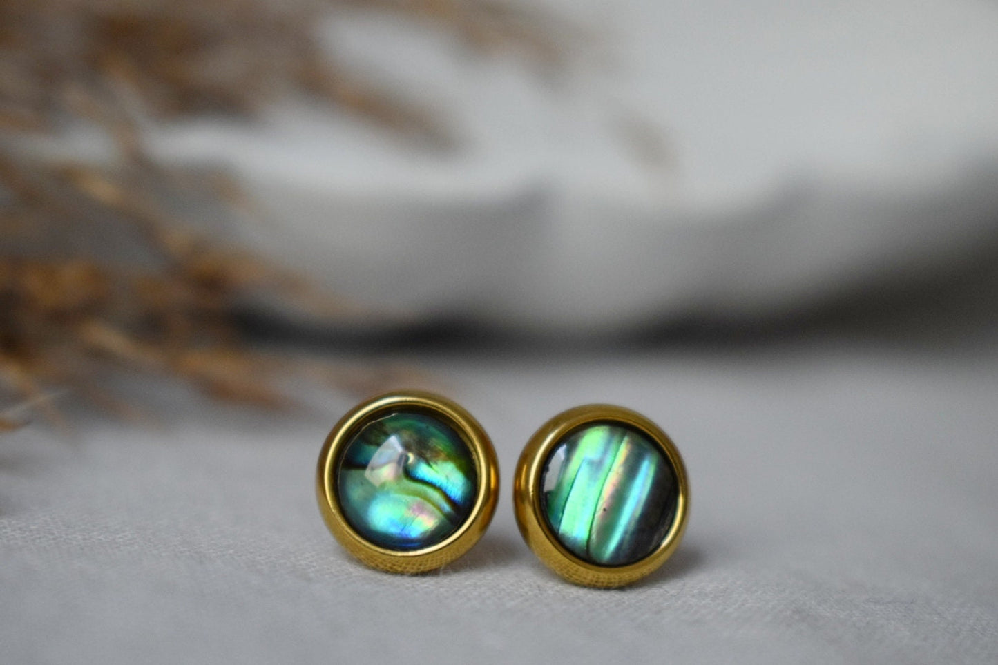 Abalone shell stud earrings gold, Small colorful mother of pearl stud earrings, 8mm studs, Round, Abalone pearl gold jewelry, Gift for women