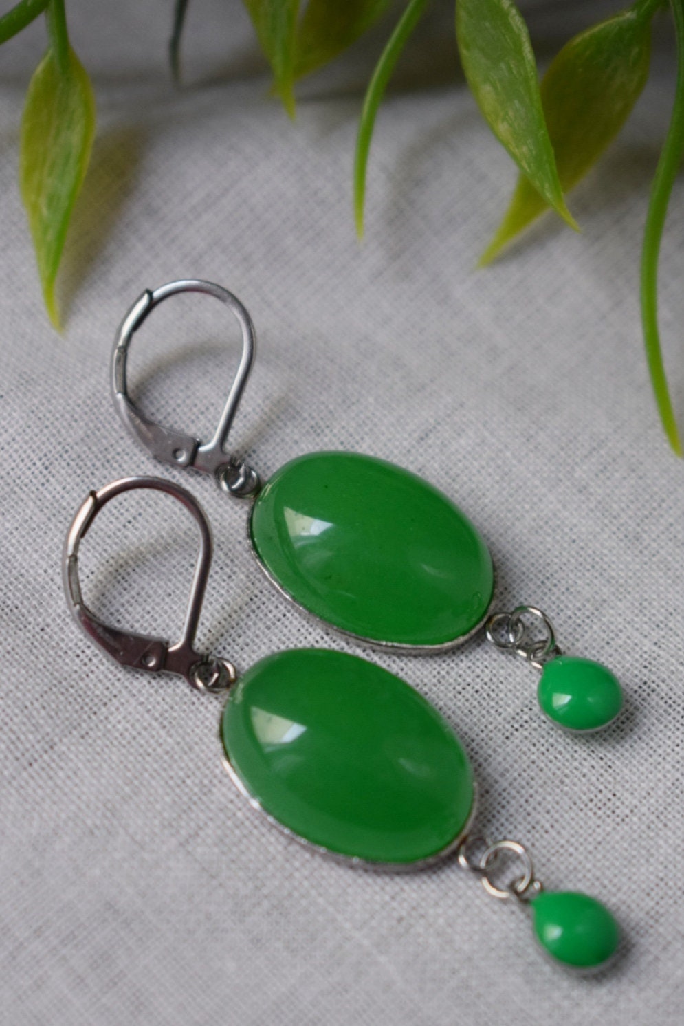 Green jade dangle earrings, Oval gemstone huggie hoops, Enamel pendant hanging earrings, Handmade boho jewelry, Best christmas gift for her