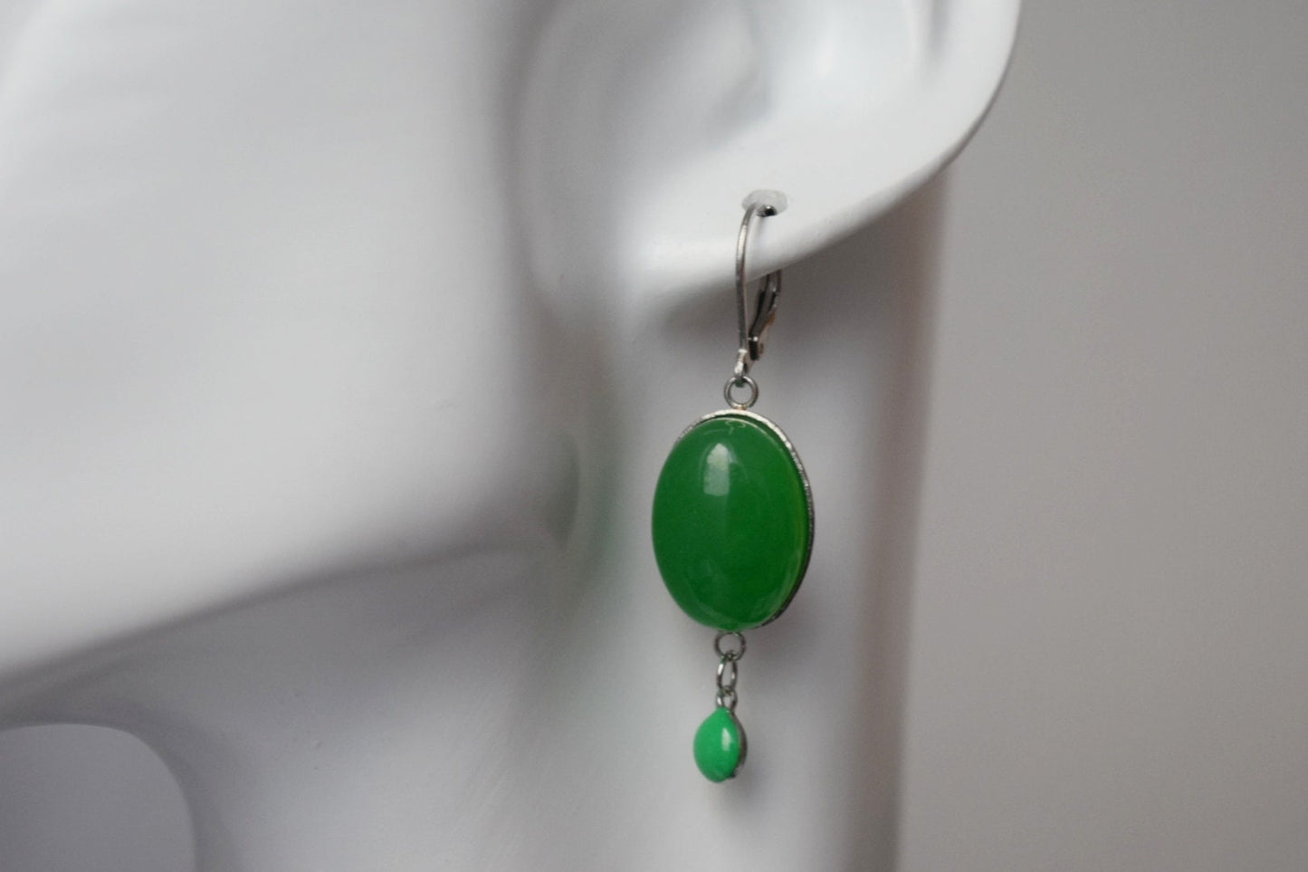Green jade dangle earrings, Oval gemstone huggie hoops, Enamel pendant hanging earrings, Handmade boho jewelry, Best christmas gift for her