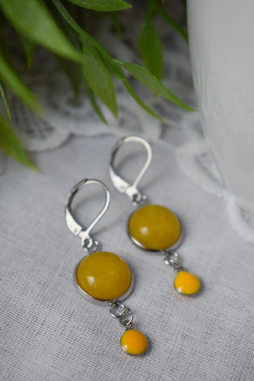 Yellow jade earrings, Yellow silver color huggies, Gemstone drop and dangle earrings, Boho, Yellow enamel pendant, Jewelry gift for women