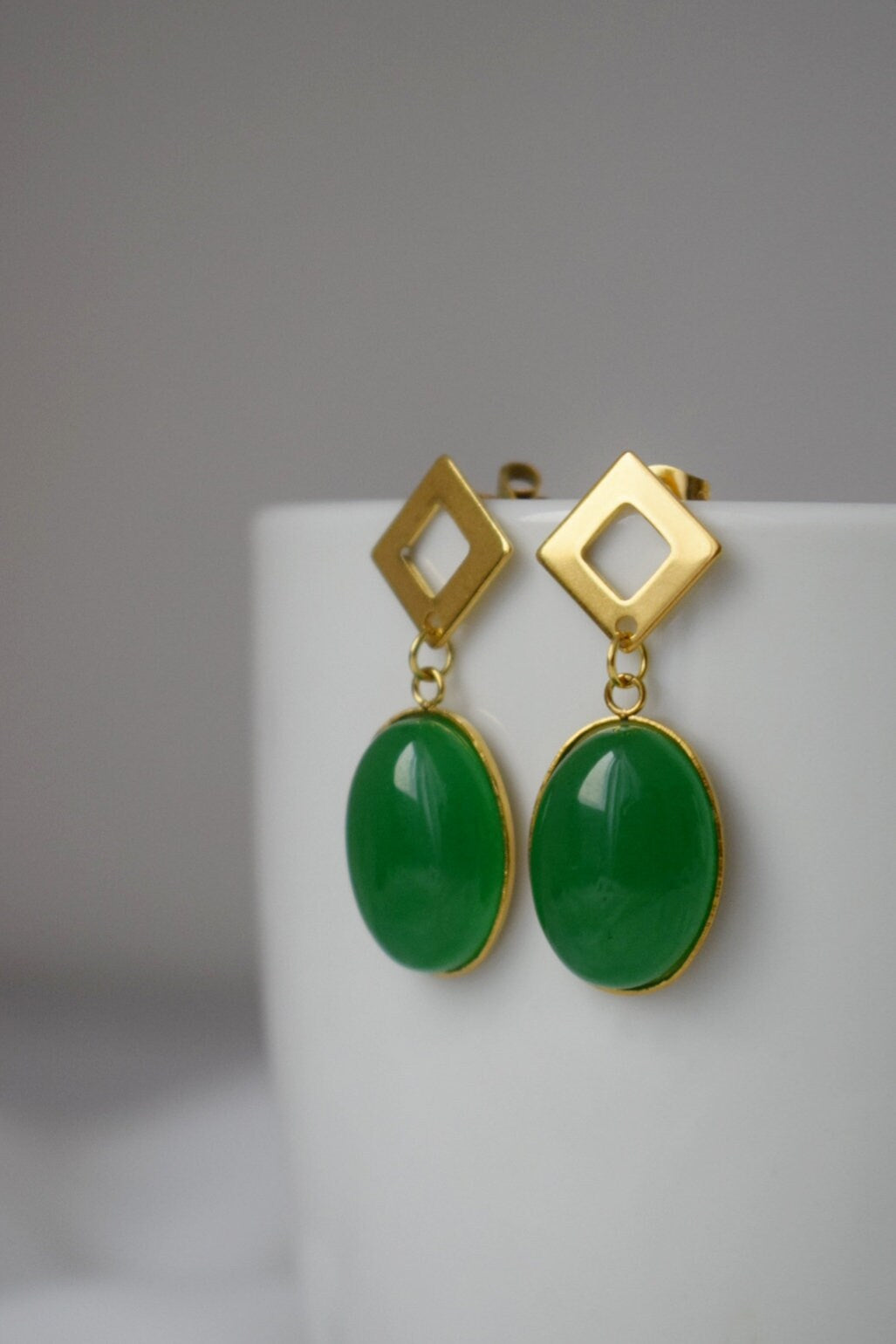 Green jade stud earrings dangle, Oval gemstone earrings, Green gold earrings, Boho statement earrings, Handmade jewelry, Gift for her