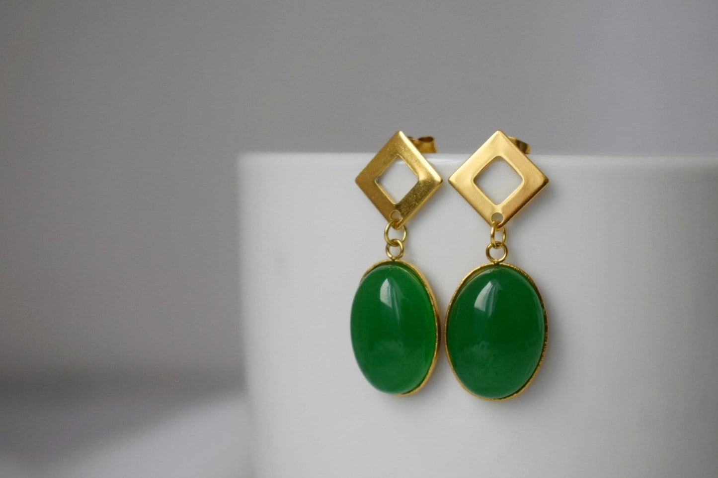 Green jade stud earrings dangle, Oval gemstone earrings, Green gold earrings, Boho statement earrings, Handmade jewelry, Gift for her