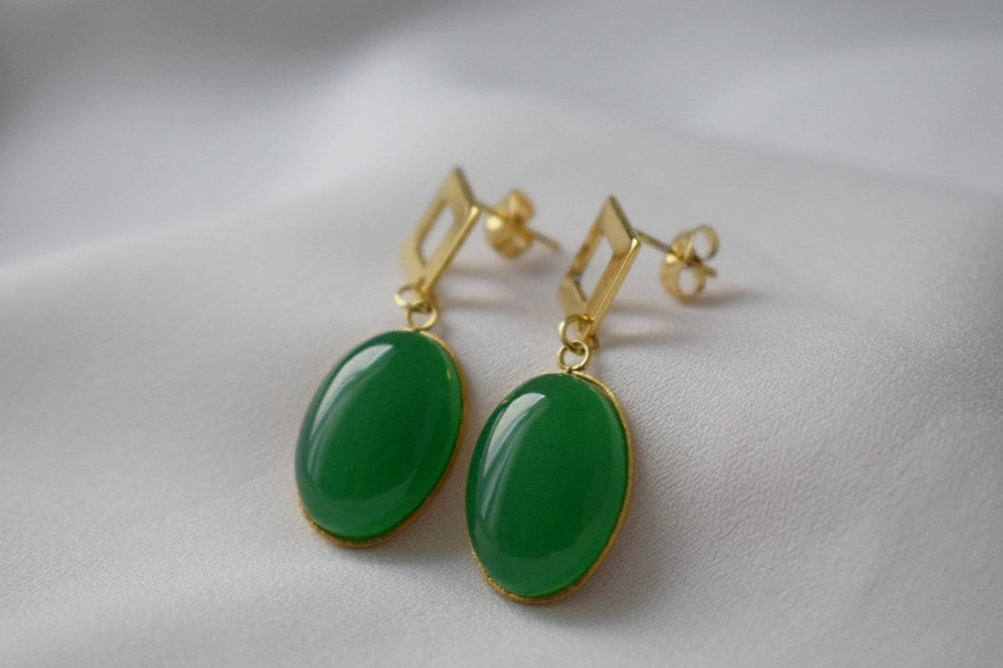 Green jade stud earrings dangle, Oval gemstone earrings, Green gold earrings, Boho statement earrings, Handmade jewelry, Gift for her