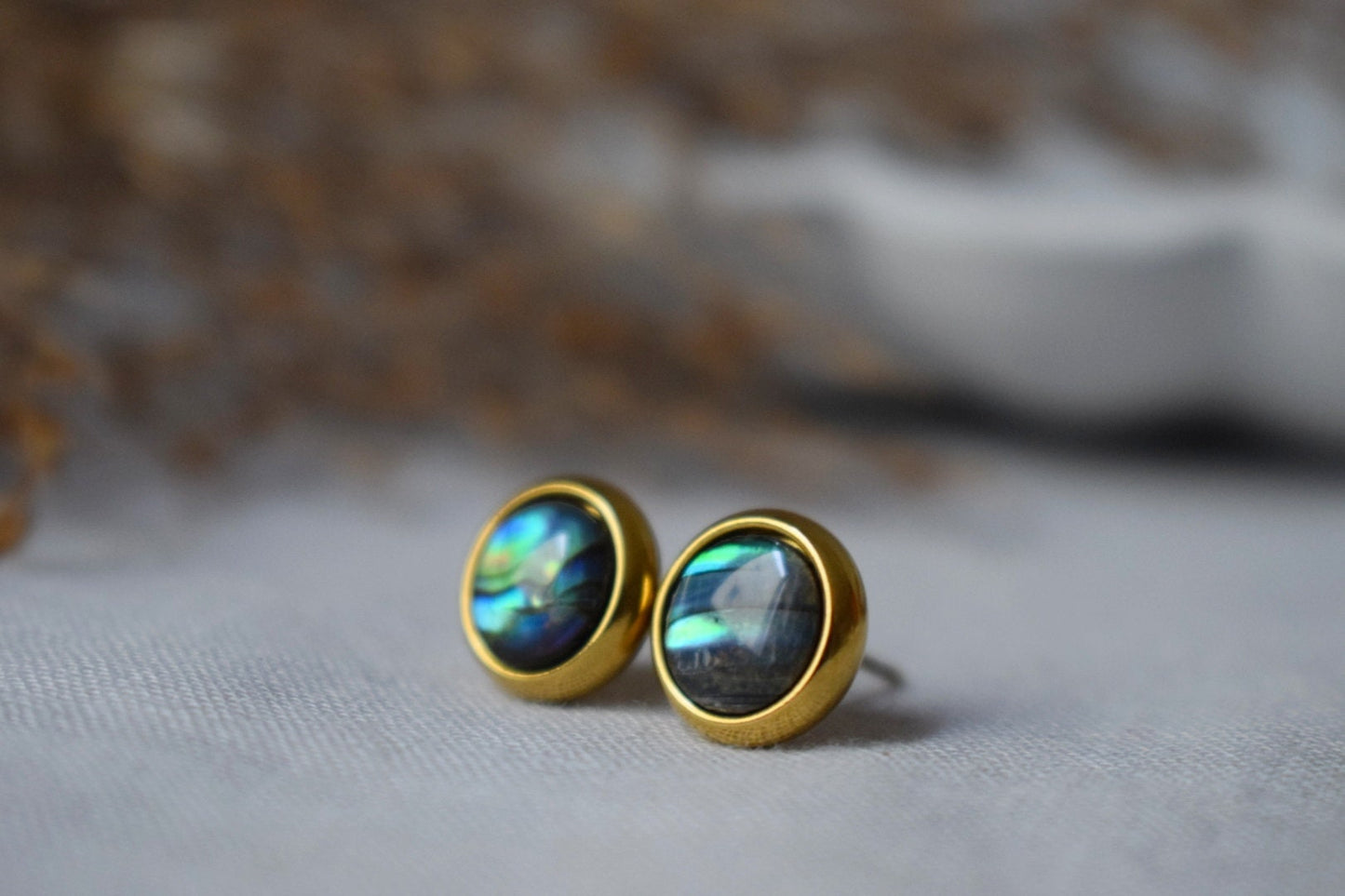 Abalone shell stud earrings gold, Small colorful mother of pearl stud earrings, 8mm studs, Round, Abalone pearl gold jewelry, Gift for women