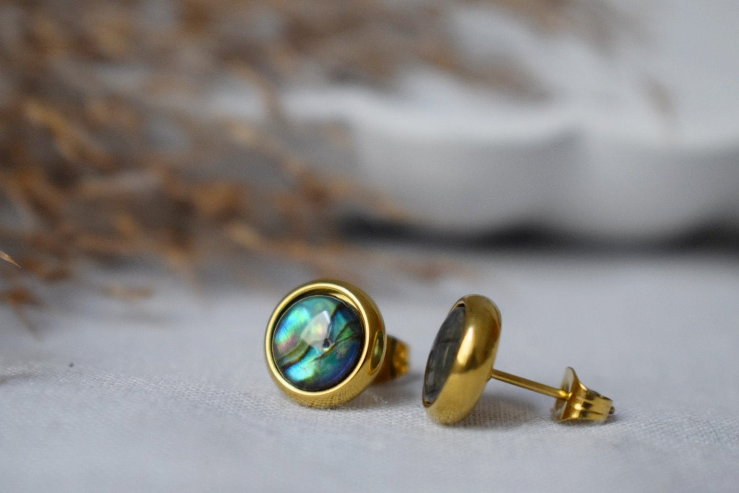 Abalone shell stud earrings gold, Small colorful mother of pearl stud earrings, 8mm studs, Round, Abalone pearl gold jewelry, Gift for women